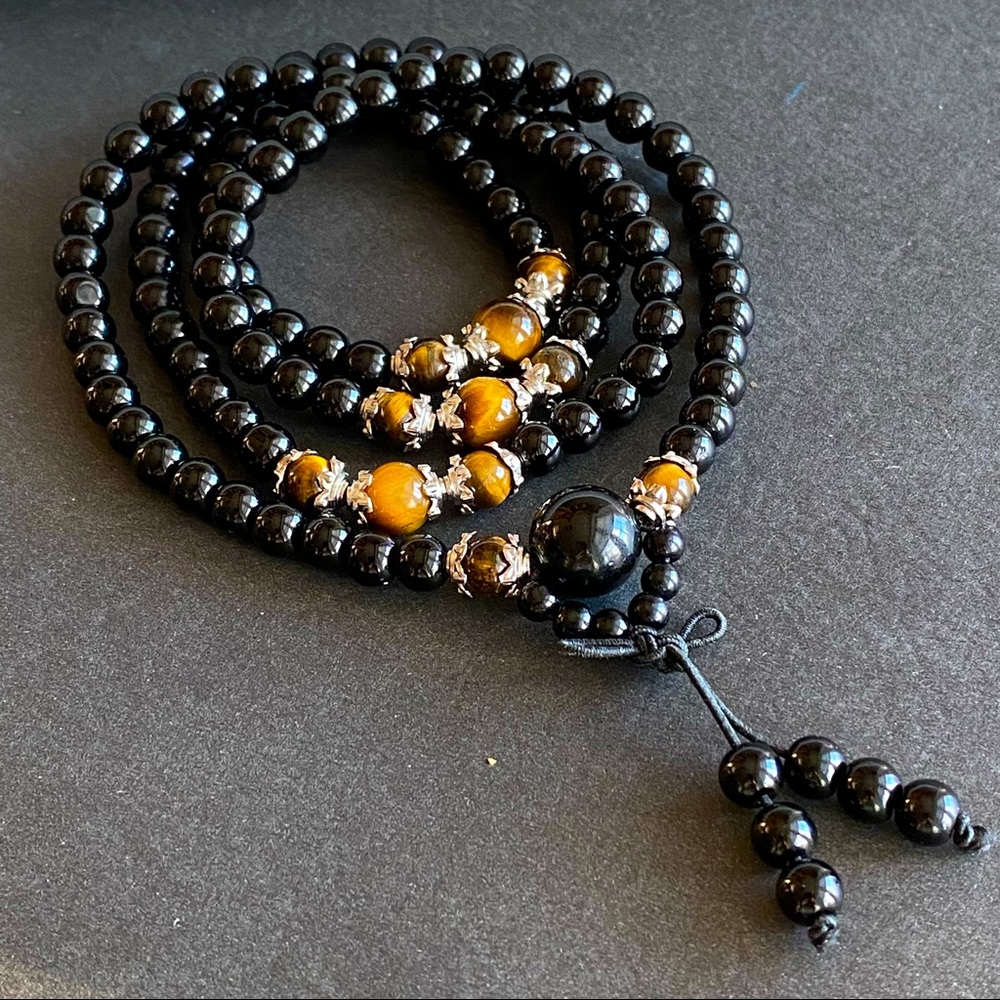 Tiger eye & Black Onyx Necklace multi wrapped bracelet Healing crystal jewelry